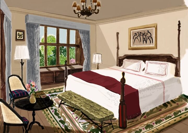 Illustration - Country Room - large bed in front of a window
