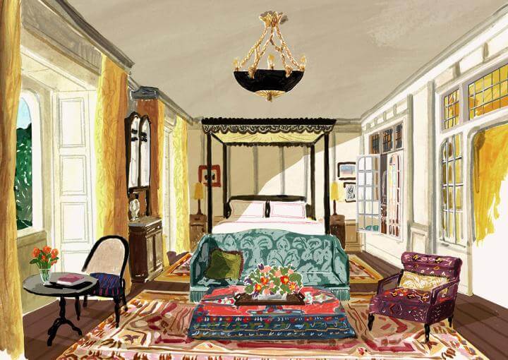 Illustration - The Manor House - Estate Suite - Large bed next to windows with golden curtains