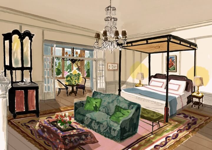 Illustration - The Manor House - Estelle Suite - Large bed next to a window, in front of a sofa