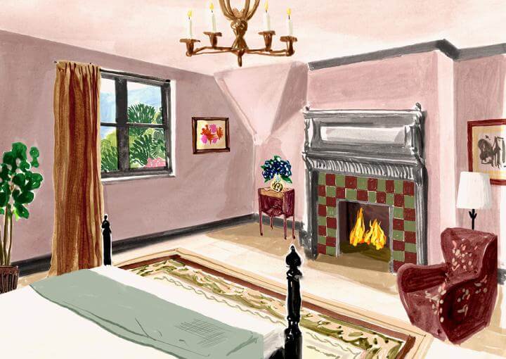 Illustration - Walled Garden - Walled Garden Room - Bed in front of a fireplace