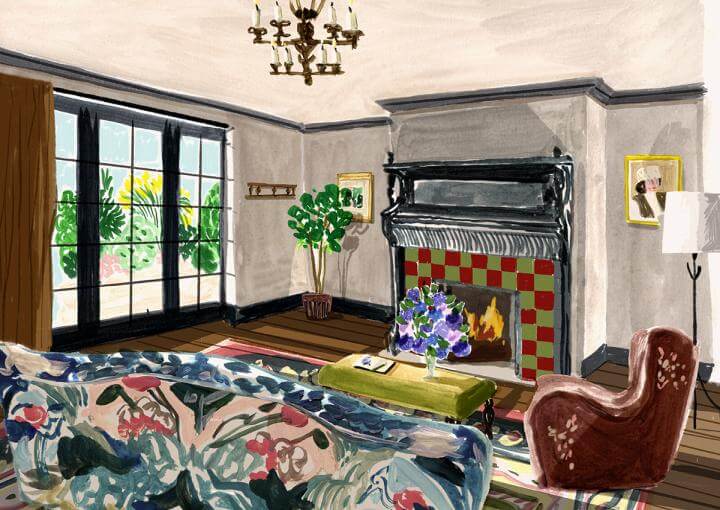 Illustration - Walled Garden - Walled Garden Suite - Bed in front of a fireplace