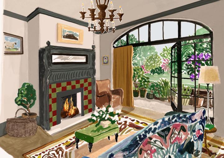 Illustration - The Stables - Stables Junior Suite - Fireplace next to a wide glass door