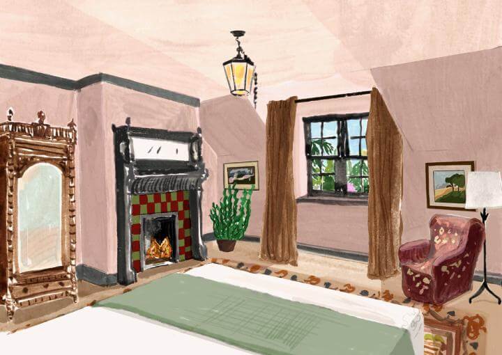 Illustration - The Stables - Stables Room - Fireplace next to a window