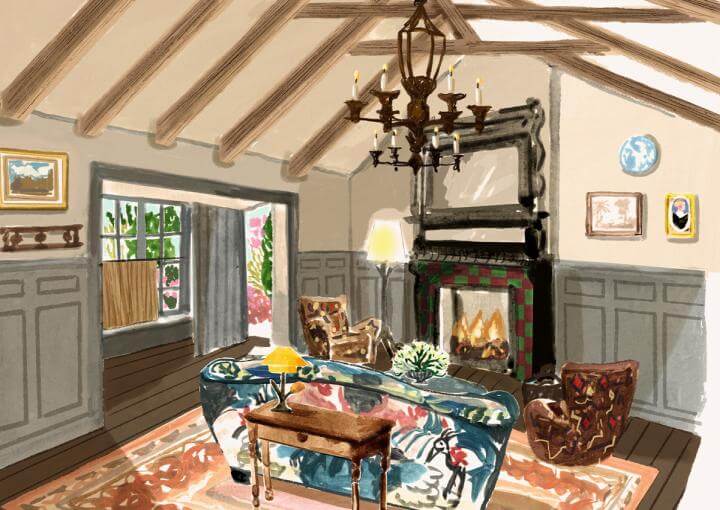 Illustration - The Stables -  Stables Suite - Sofa in front of a fireplace