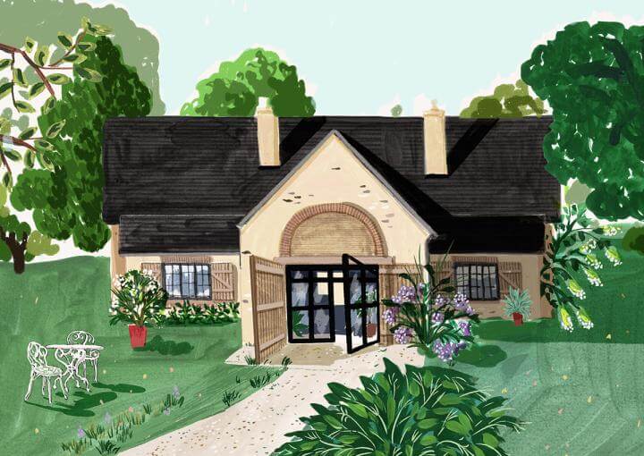 Illustration - Private Houses - The Barn - Front of a house with dark roof and open glass door