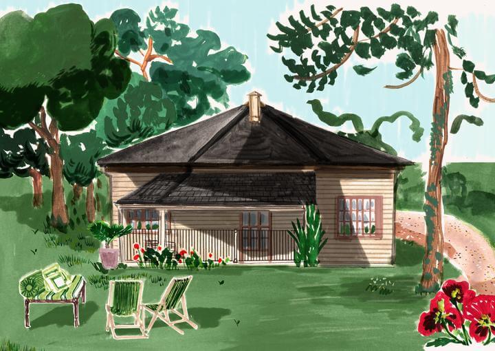 Illustration - Woodland Cottage - Lawn in front of a cottage