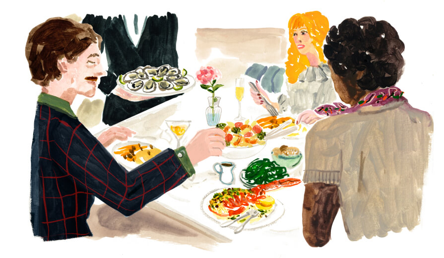 illustration - people at a table in a restaurant eating