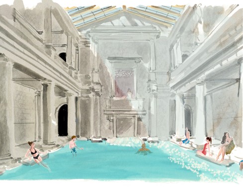 illustration - people in a pool inside a two story bath house with a glass roof