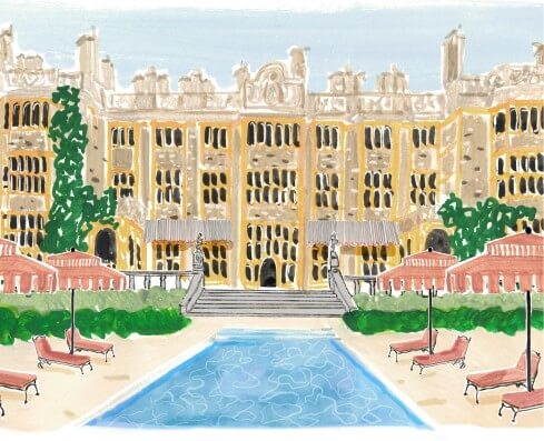 illustration - deck chairs alongside a pool in front of the manor